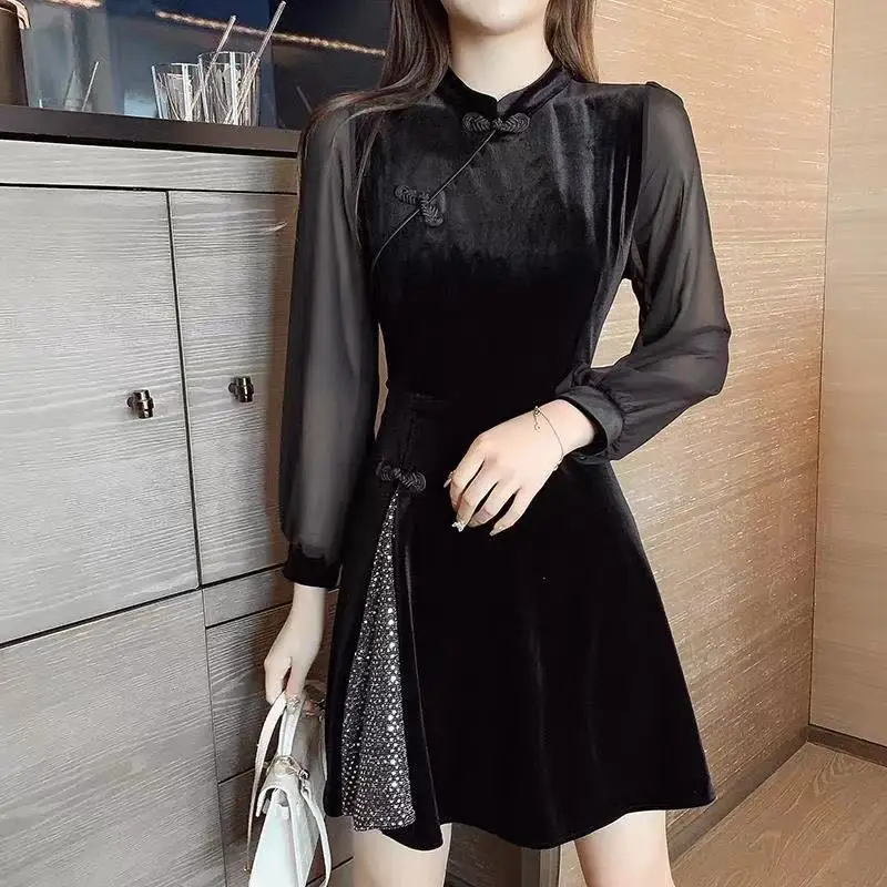 

Chinese Style Girl's Velvet Cheongsam Dress Spring/autumn Long Sleeve Mesh Splicing Mandarin Collar Sexy Black Dresses for Women