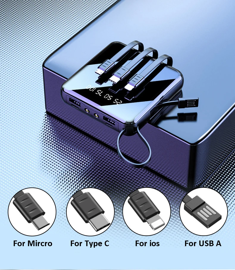 20000 мАч Внешнее портативное зарядное устройство с кабелем для iPhone Xiaomi Samsung 10000mAh