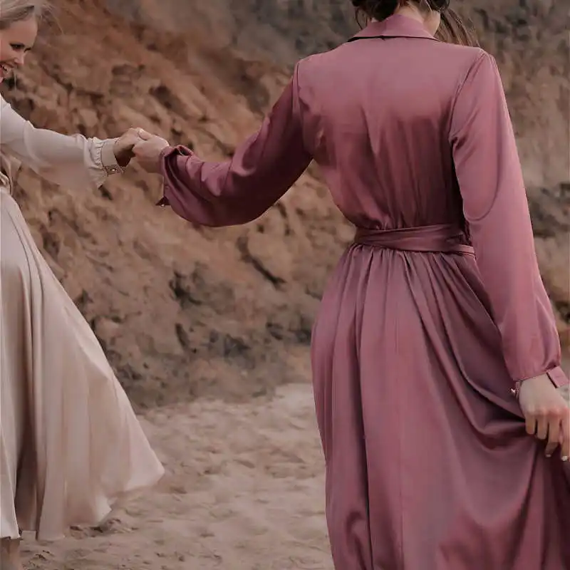 

Women Casual Maxi Long Party Dress a Line Robe Dress Lantern Sleeve v Neck Sexy 2021 New Spring Satin Elegant Fashion Beach