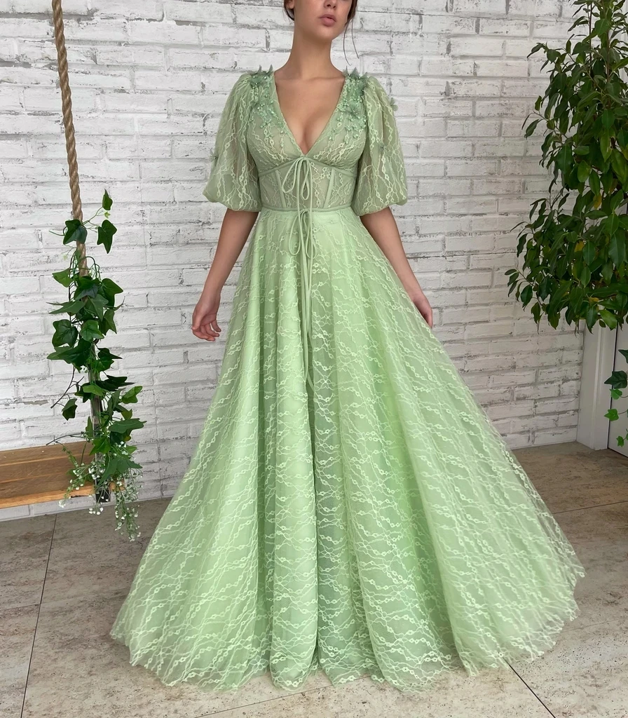 

Mint Green Moroccan Evening Dresses A-line V-neck Half Sleeves Lace Pearls Luxury Turkey Dubai Saudi Arabia Long Prom Dress Gown