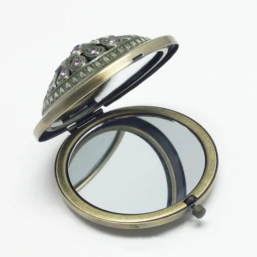 Металлическое портативное карманное мини-зеркало бронзового цвета с цветами и