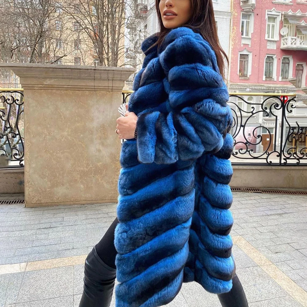 Winter New Trendy Real Rex Rabbit Fur Coat Stand Collar Fashion Royal Blue Natural Rex Rabbit Fur Long Coats Thick Fur Overcoats