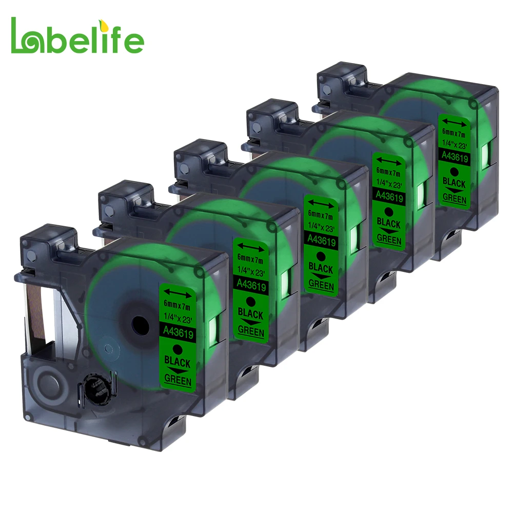 Labelife 5 упаковок 43619 дюйма 6 мм * 7 м черно зеленые 100% совместимые стандартные