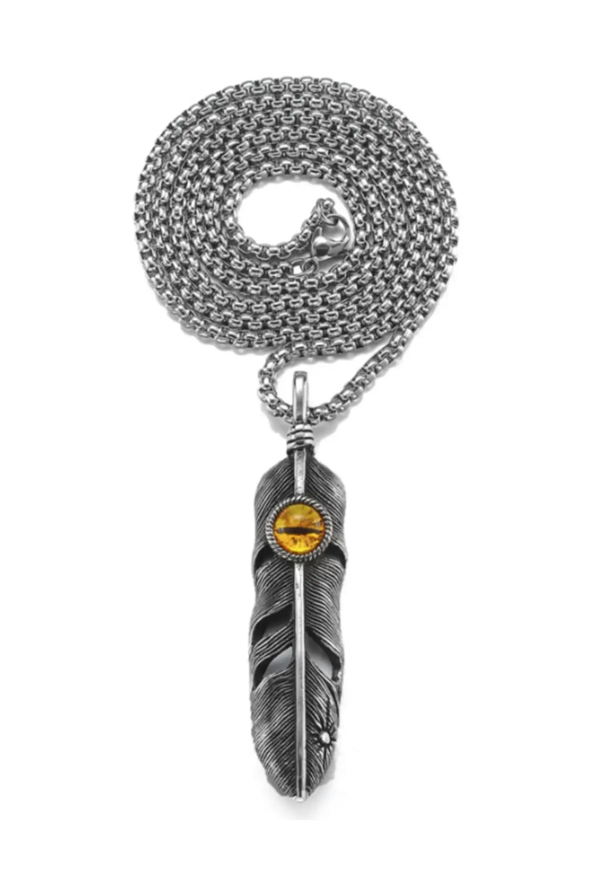 

Lucky Eagle Feather and Eye on Gray Steel Black Antique Steel Men's Necklace