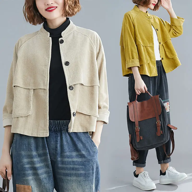 Женская Вельветовая рубашка с длинным рукавом и воротником стойкой|Женские