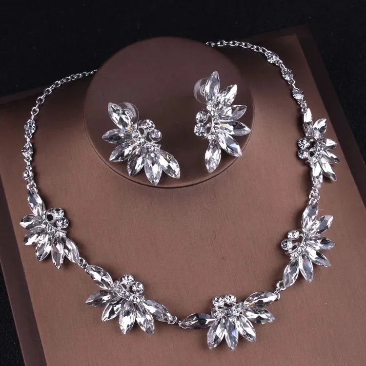 2Pcs White Set Благородный фиолетовый кристалл свадебные ювелирные наборы ожерелья серьги Корона набор диадем Африканский бисер комплект ювелирных изделий свадебное платье аксессуары - Окраска металла: 2Pcs White Set