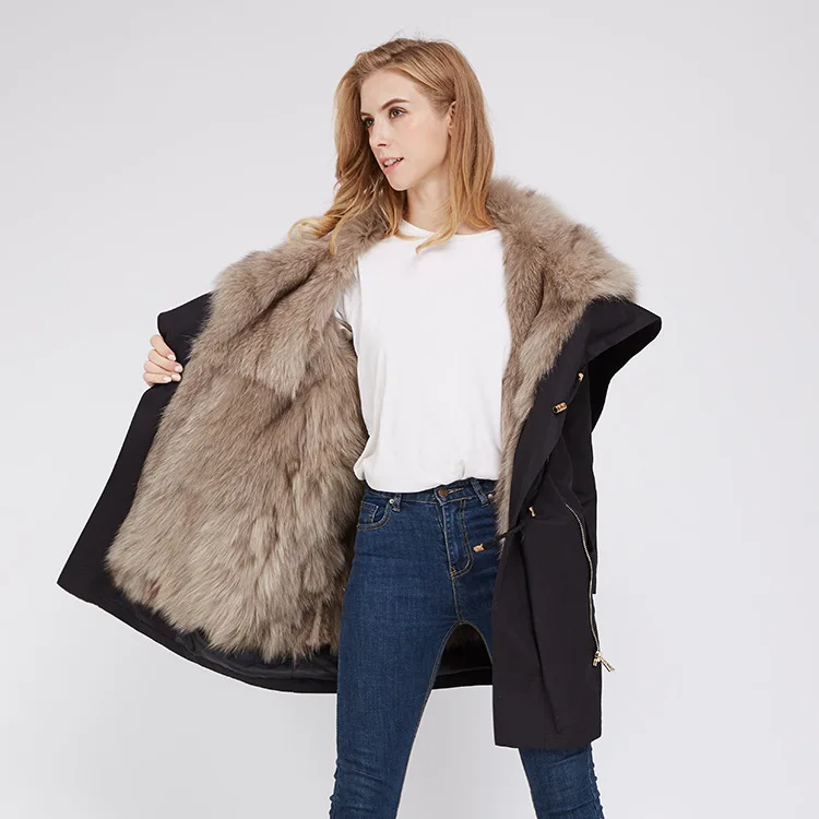 Женская кожаная куртка из натурального Лисьего меха с большим меховым воротником, длинное меховое пальто с крыльями ангела, съемная подкладка Parker Park, сохраняет тепло