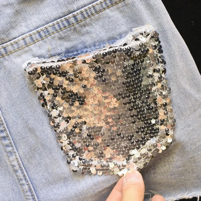 Сексуальные женские рваные джинсовые шорты с высокой талией расшитые блестками
