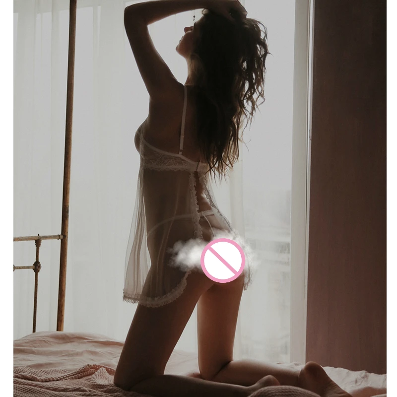 Сексуальное Белое Нижнее белье кружевное Сетчатое прозрачное ночное платье с