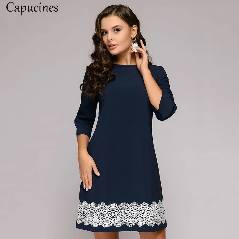 Capucines кружевное пэчворк Платье женское осень О образный вырез 3/4 рукава Темно