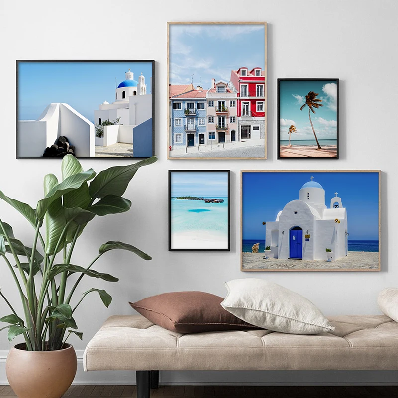 

Scandinavian Style Canvas Painting Seascape Beach Wall Art Fashion Christian Church Architecture Posters and Prints Wall Picture