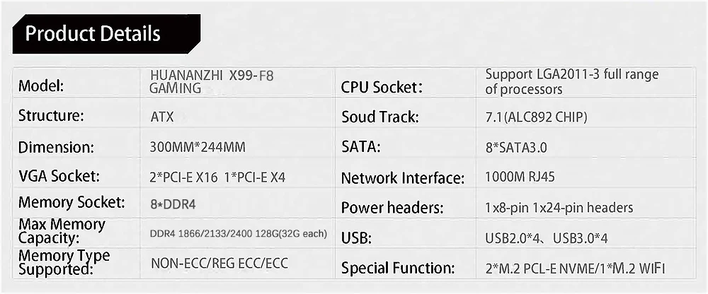 HUANANZHI X99 F8 материнская плата слот LGA2011 3 USB3.0 NVME M.2 SSD Поддержка DDR4 ECC REG памяти и Ксеон
