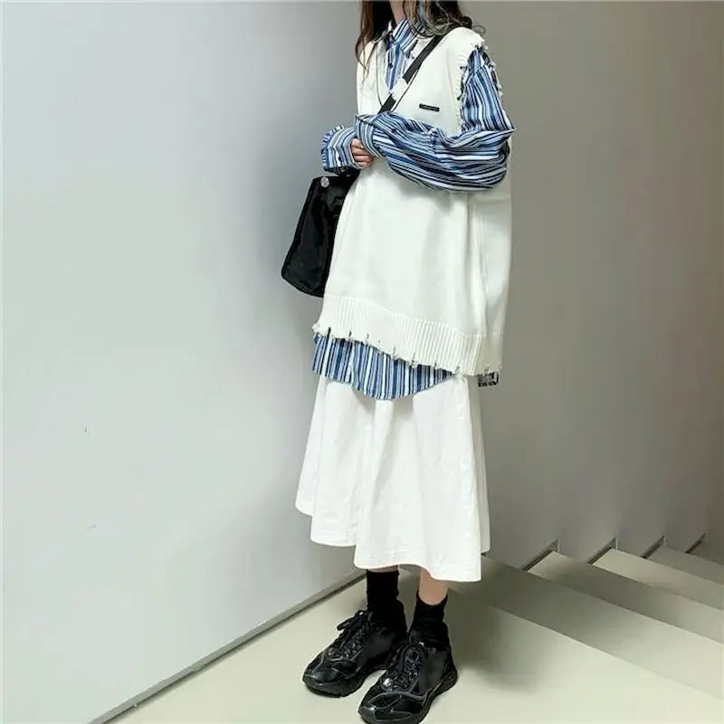 

Spring Autumn 2 Piece Sets Women Outfits Female Student Spring And Autumn Suit Loose Waistcoat Sweater Vest Striped Shirt Skirt