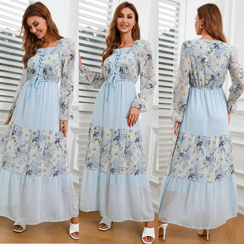 Женское длинное платье с цветочным принтом, повседневное свободное платье макси с квадратным вырезом, Арабская абайя, Средний Восток