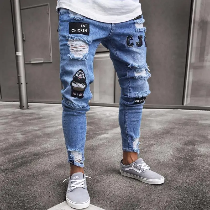 3XL Men's Tight Jeans 2021 Badge Embroidery Trend Knee Hole Zipper Leggings Cool Denim Pants skinny jeans men