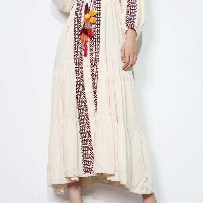 

XIZIHUPAN Bohemian Patchwork Dress For Women O Neck Long Sleeve Loose Waist Hit Color Lace Up Maxi Dresses Female Summer Stylish