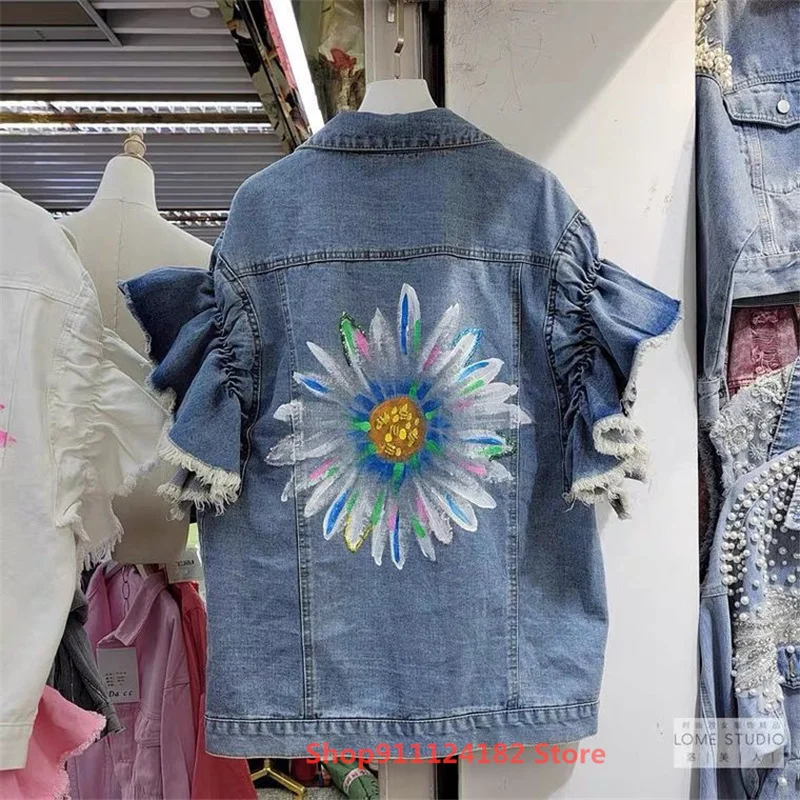 

Spring New Age-Reducing Beaded Small Chrysanthemum Denim Jacket Female European Trend Brand Lotus Leaf Sleeve Cardigan Jacket