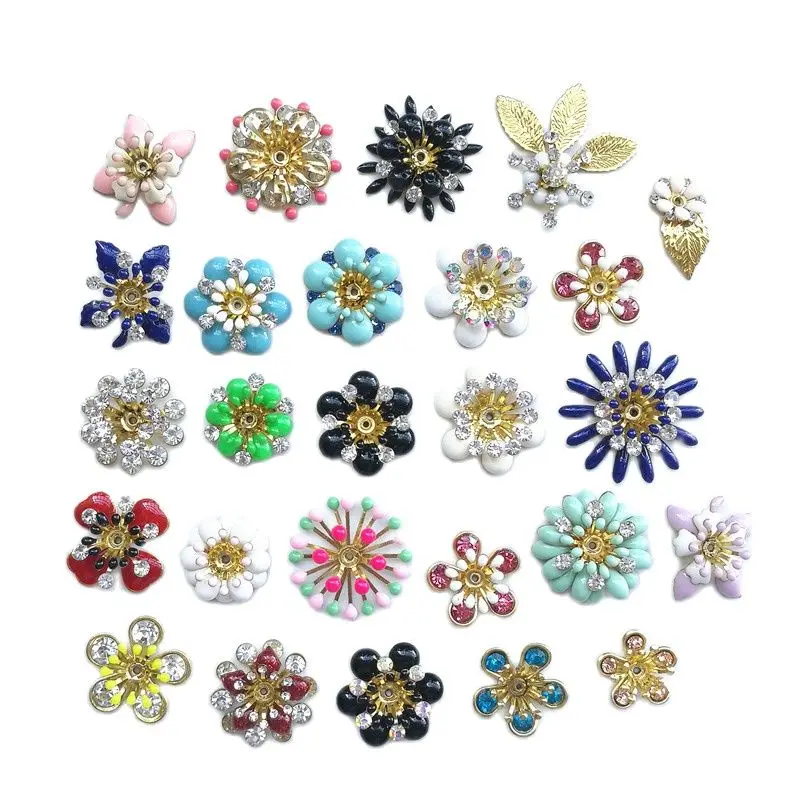 

PEMODOX 5 Piece 26 Style Brass Filigree Flower Slice Spacer Beads For DIY Jewelry Accessories Enamel Rhinestone Charms Beads