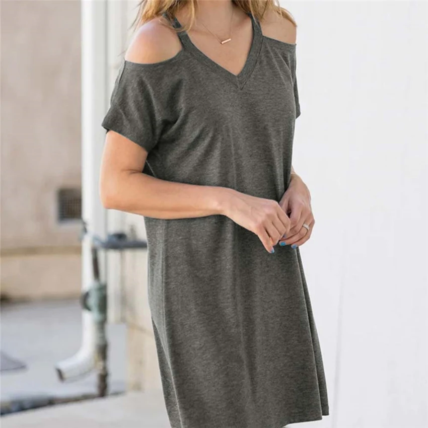 

Summer Dress 2020 Short Sleeve V-Neck Sexy Women Dress Female Off Shoulder Loose Dress Knee-Length Casual Dress Girl Plus Size