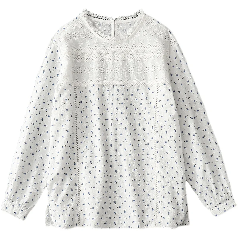 

Lamtrip Floral Embroidery Hollow Out Lace Edged O-neck Long Sleeve Pullover T-Shirt 2021 Summer New Women Tops