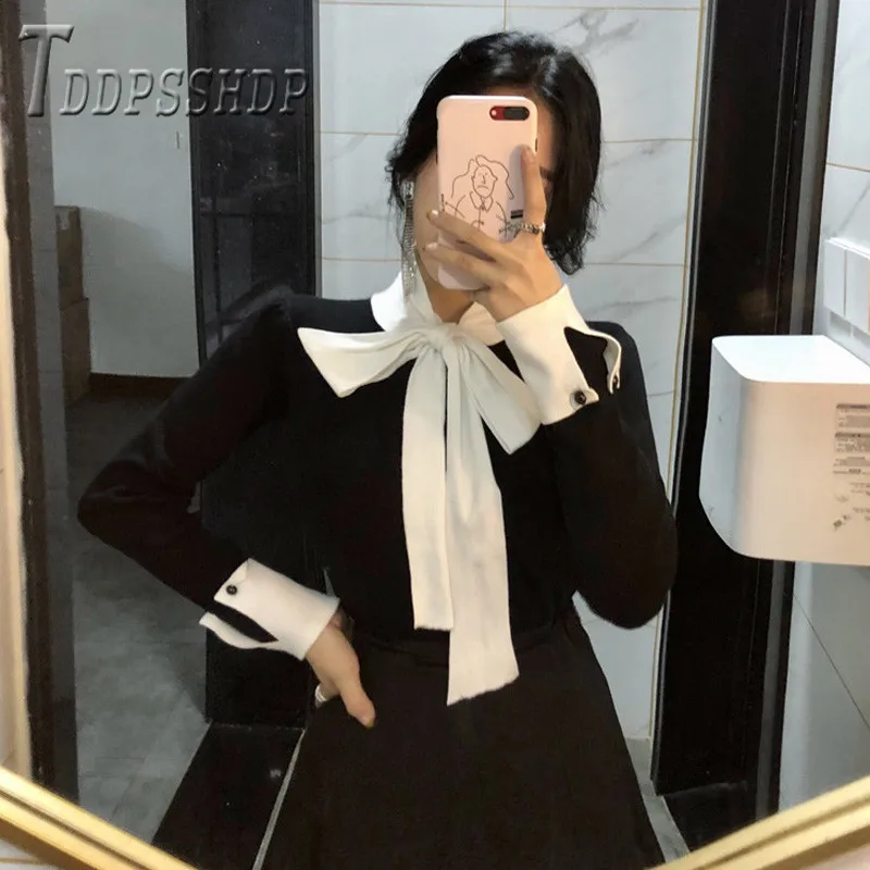 

Корейский шикарный женский свитер контрастных цветов с бантом, облегающие хипстерские женские свитера