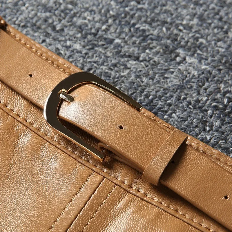 Новинка 2020 Женская юбка из натуральной кожи трапециевидная блузка с ремнем/для