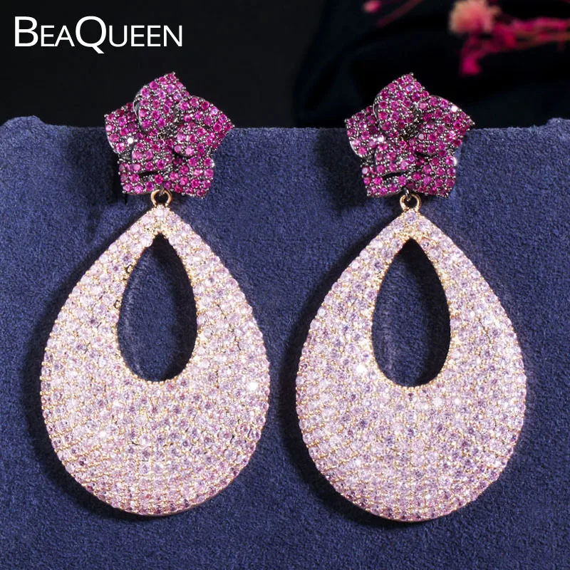 

BeaQueen Stunning Full Micro Paved Rose Red Pink Cubic Zirconia Flower Big Drop Dangle Earrings Wedding Jewelry for Brides E415