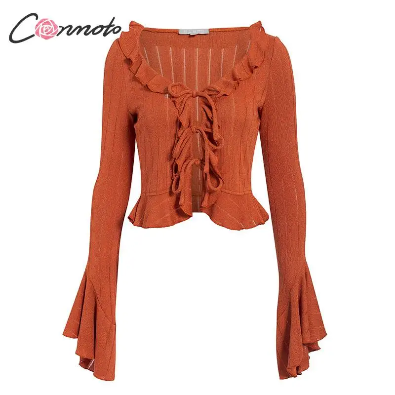 Conmoto ruffles сексуальная клубная кирпичная женская блузка Рубашки однотонные осень
