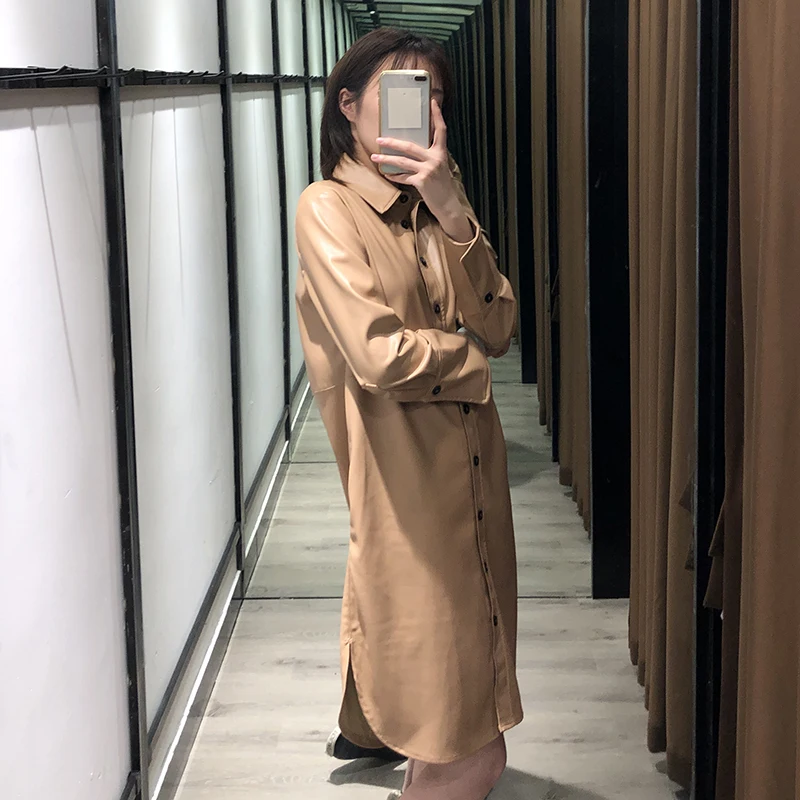 Хаки рубашка из полиуретана платье для женщин с длинным рукавом однобортное