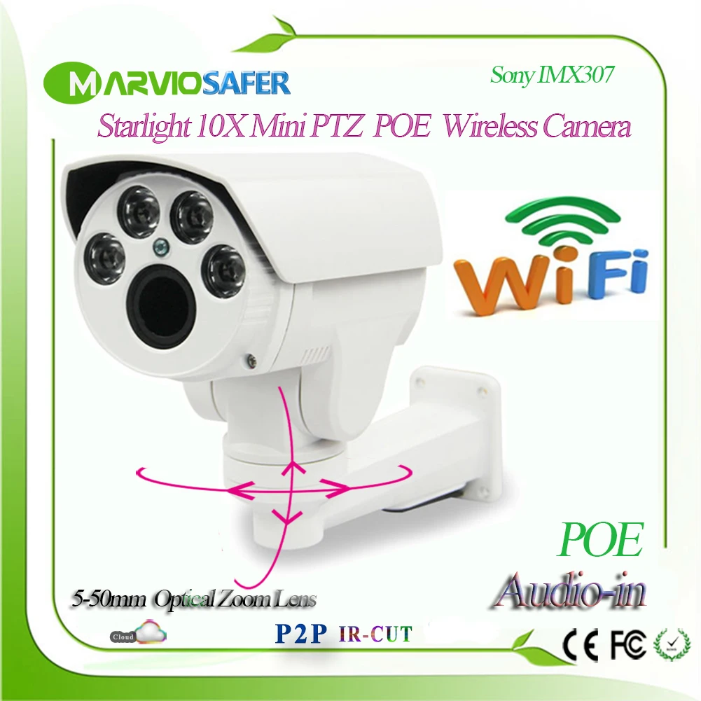 1080P Darklight H.265 5-50mm 10x Zoom Wireless IP PTZ Camera Sony IMX307 Sensor Wifi Network Camera TF Card Slot, Audio RTSP