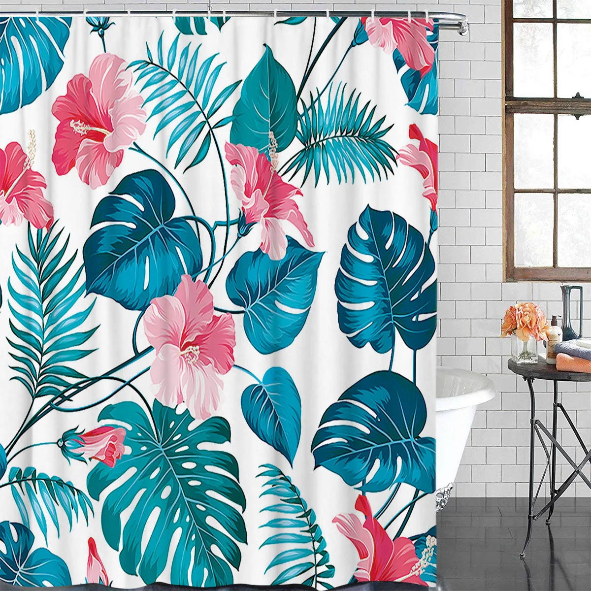 Red Flowers With Large Leaves Seamless Pattern Hook Shower Curtain for Bathroom Decoration | Дом и сад