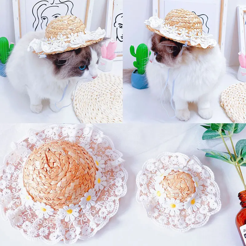 

Good-looking Dog Lace Bow Hats Sunscreen Straw Hats Linen Mixed Comfortable Pet Cap High Quality Hats Sweet Pet Decorative
