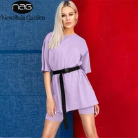 newasia homewear two piece set with belt loose t shirt and biker shorts set loungewear women solid short sleeve sport suits 2020