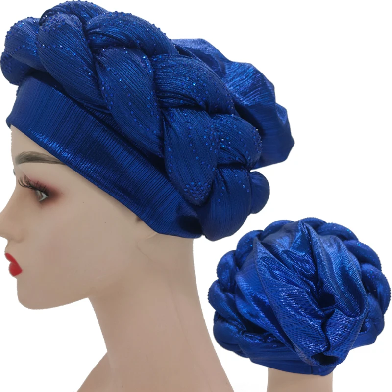 

Latest aso oke auto gele Headtie Women Turban Cap with Braids Muslim Head Scarf Bonnet Ladies Head Wraps Diamonds Turbante Mujer