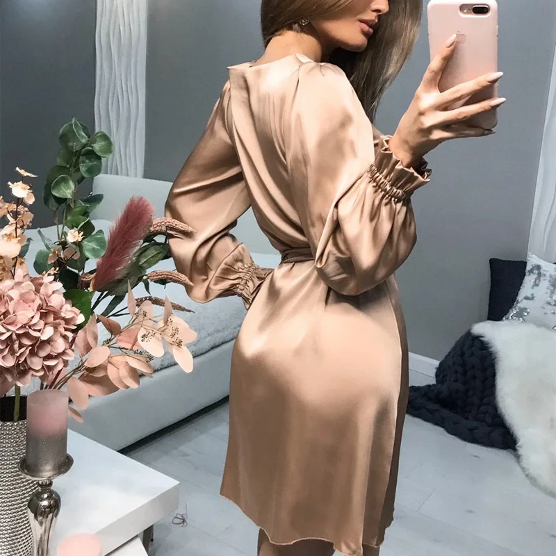 

Women Casual O-Neck Satin Mini Dress solid Lantern Sleeve Sashes A Line Party Dress 2020 New Fishtion Autumn Women Elegant Dress