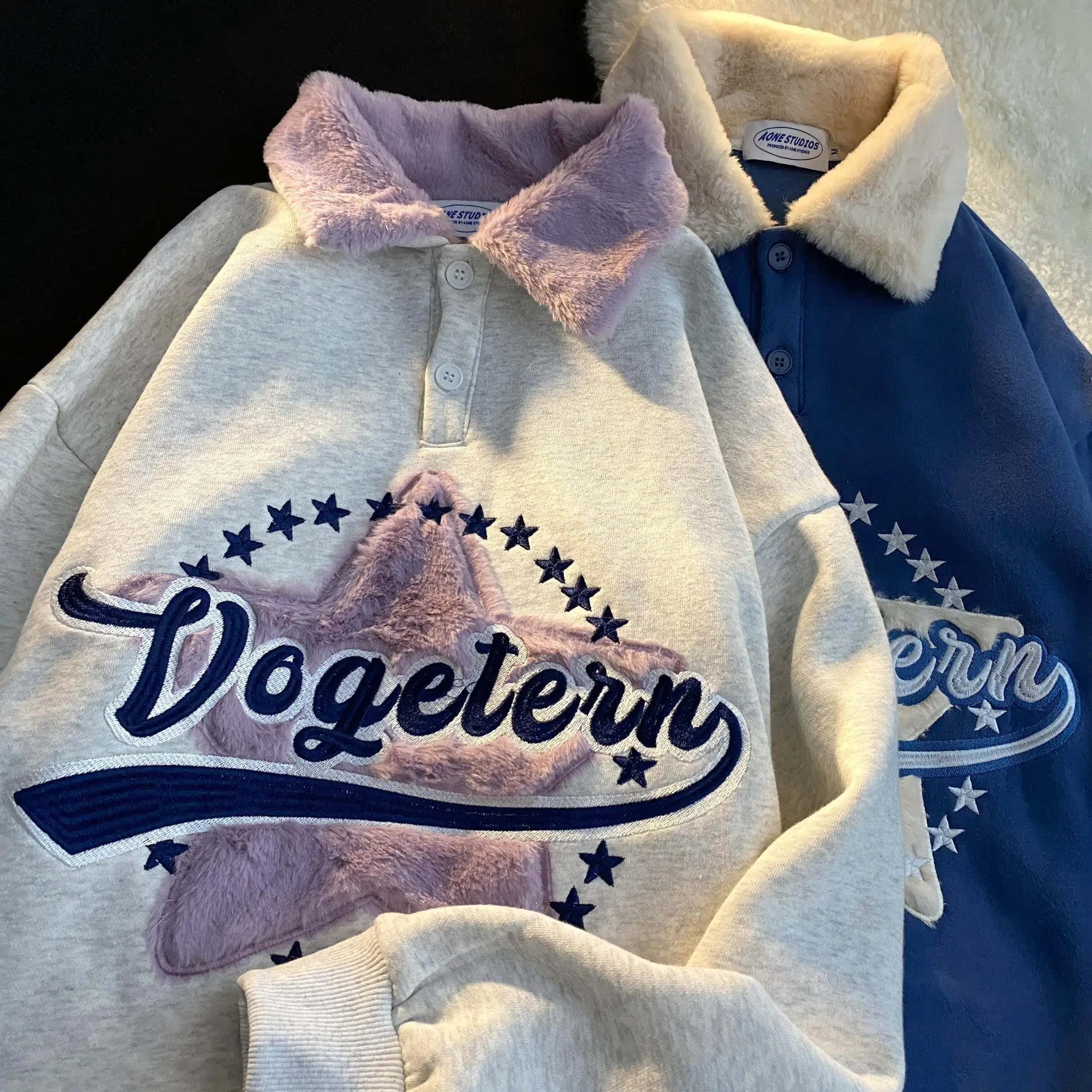 

New Hip Hop Women's Winter POLO Shirt Vintage Letter Embroidery Plush Sweatshirt Teens Kawaii Clothing Aesthetic Korean Fashion