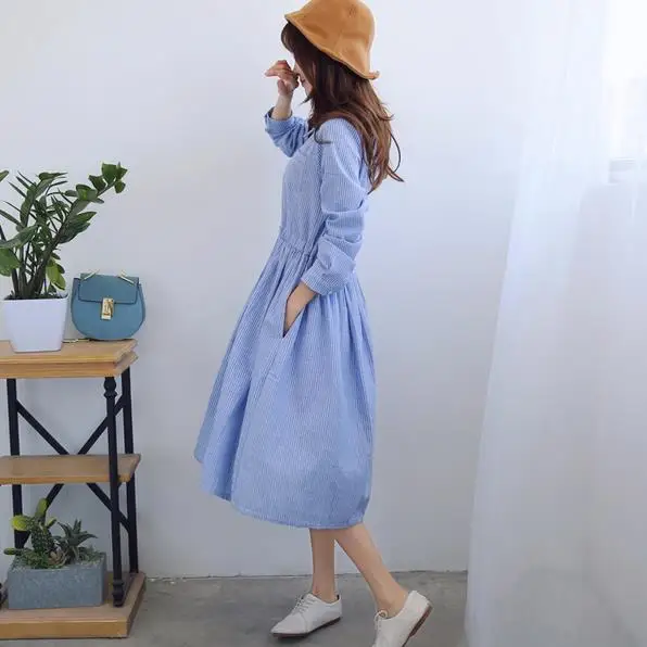 Женское длинное Хлопковое платье с длинными рукавами рубашка в синюю полоску