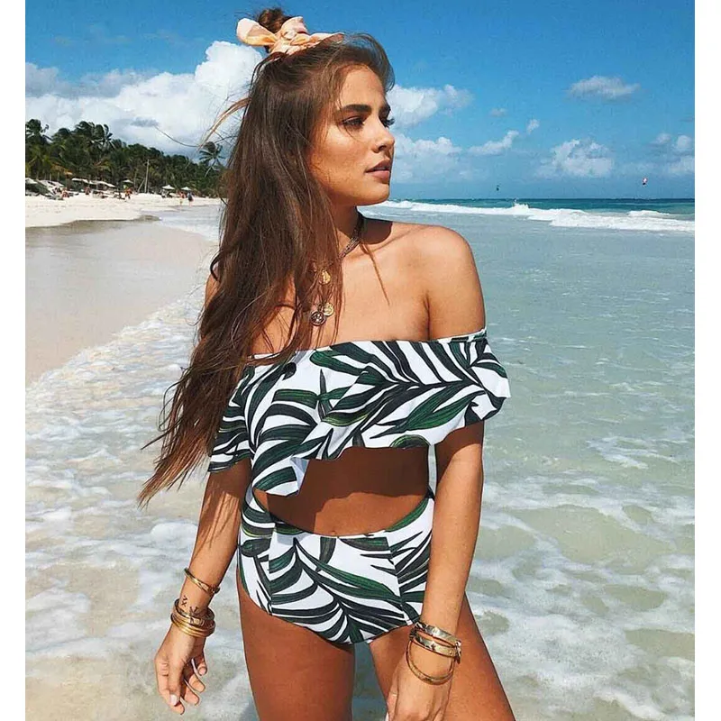 

2021 Sexy Women Striped bikini Set Bandage Ruffled Swim Bathing Suit High Waist Ladies Bandeau Swimwear Swimsuit C1938