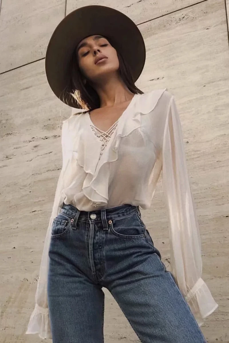 Блузка TEELYNN женская белая с длинным рукавом и треугольным вырезом|Блузки| |