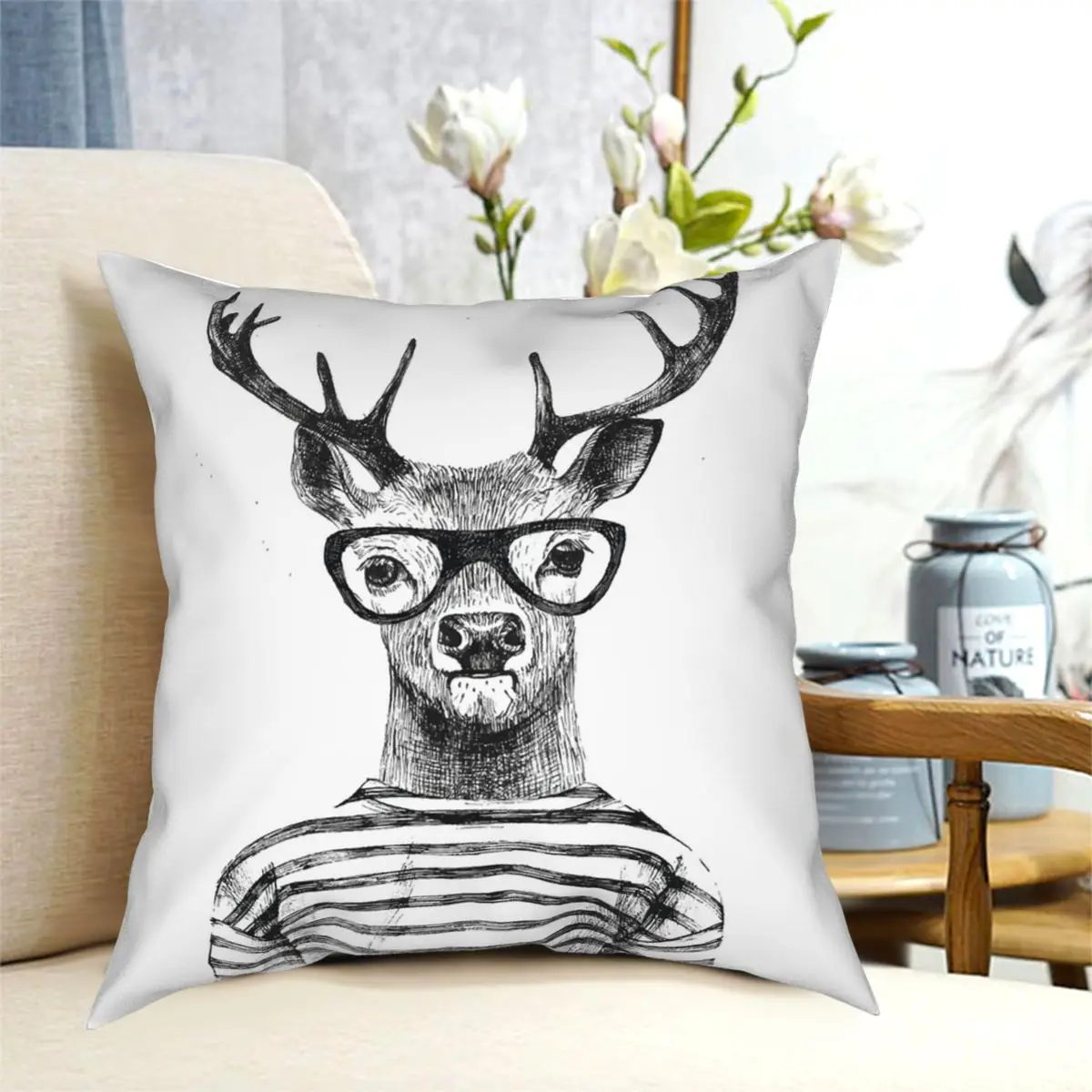 

Human Style Cute Deer With Glasses Square Pillowcase Polyester Creative Decorative Home Cushion Cover