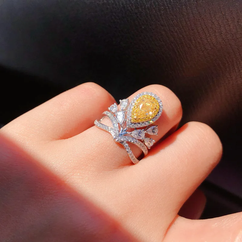 

European Style Water Drop Royal Crown Open Ring with Asscher Yellow CZ 2021 New Fashion Trend Women Jewelry for Wedding