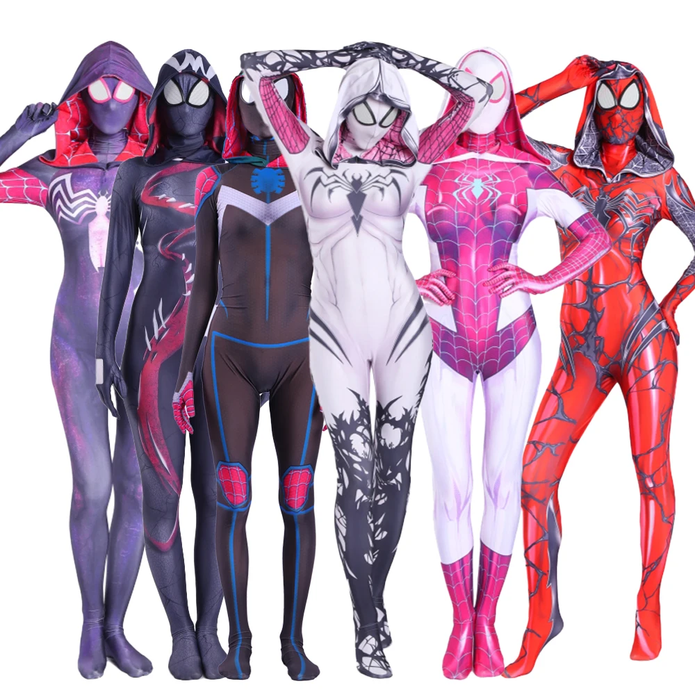 

Disney Marvel Heroes Spider Hero Cosplay Gwen Stacy Costume Mask Hoodie Spider Zentai Suit Anti-Gwenom for Women Girl