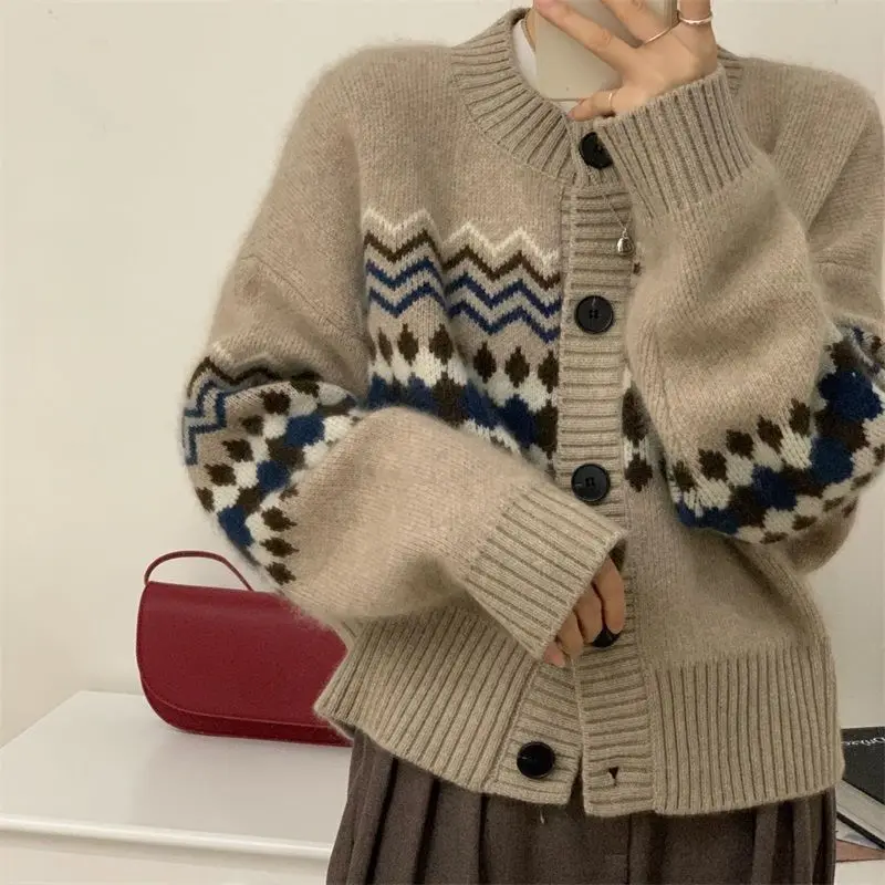 

Print Cardigan Sweater Women Coat Vintage Autumn Winter Knitted Fashion Street Clothes Long Sleeve Single Button Sweaters Y199