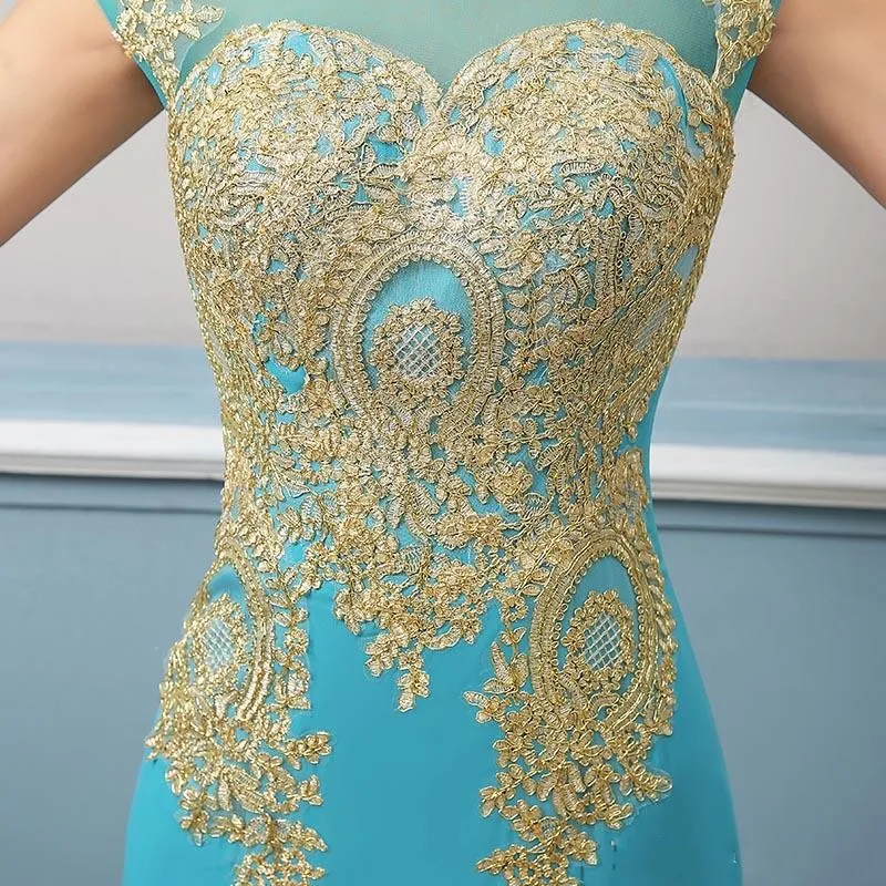 Robe De Soiree элегантные Голубые Вечерние платья золотого цвета с кружевной