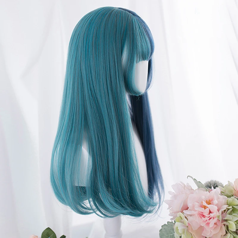 

Cosplay 65CM long curly hair wavy blue mixed bangs cute party synthesis hair Halloween cosplay Cosplay Wig + Cap