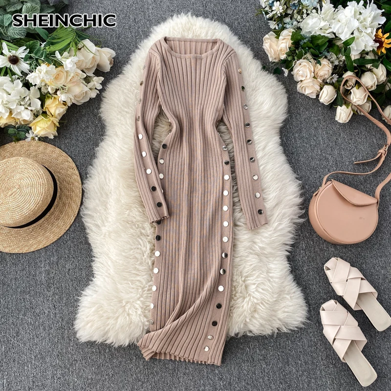 Осень-зима 2019 Новое модное женское вязаное платье с длинным рукавом элегантное