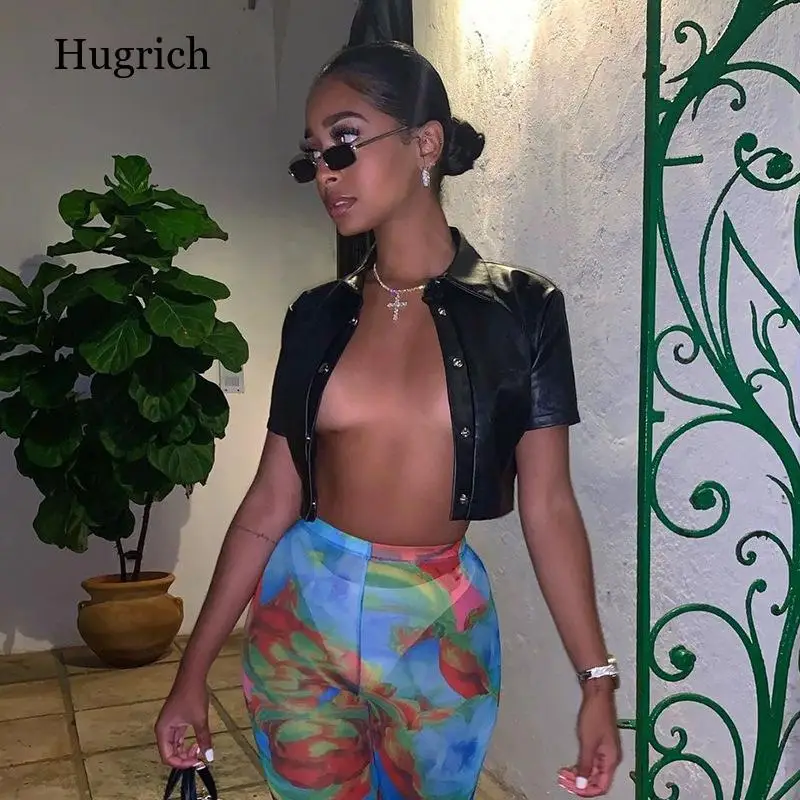 Женская футболка из ПУ кожи с коротким рукавом и пуговицами | одежда