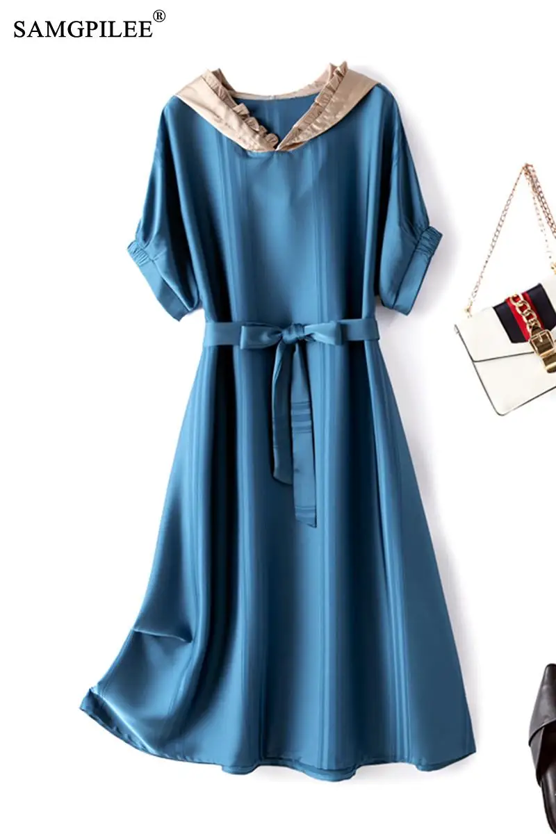 

Summer Clothes For Women 2021 New Fashion Acetate Satin Hooded Collar Elegant Raglan Short Sleeve Dresses With Belt Plus Size
