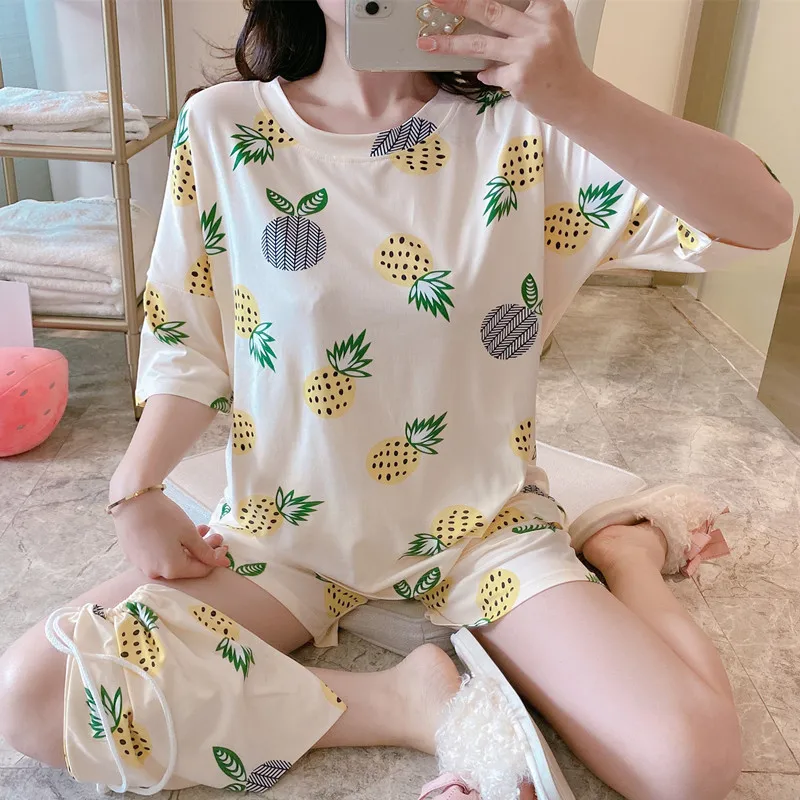 

2021 New Short Sleeve Pajamas Set Women Sleepwear 3PCS Nightwear for Female Sleepwear Intimate Lingerie Short Pant Cloth bag