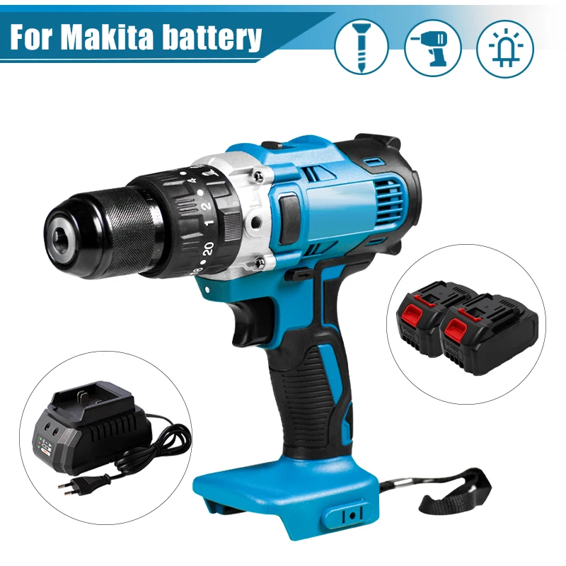 

18V Cordless Brushless Impact Drill 13mm Chuck Rechargeable Electric Drill Screwdriver Power Tool With 2 Makita 21v Battery